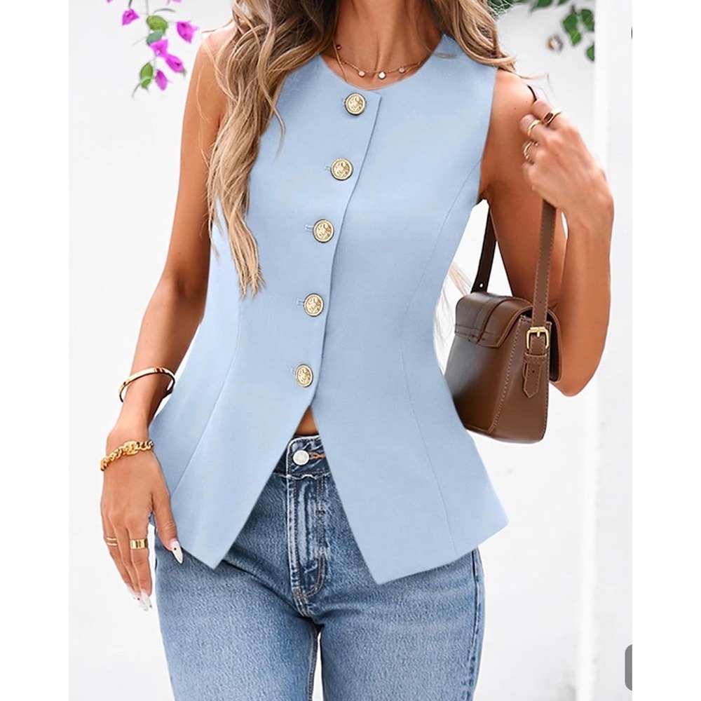 NEW* BTFBM Light Baby Blue Sleeveless Blazer Suit Vest Gold Button Front XS